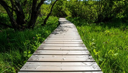 Scenic wooden boardwalk winding through lush greenery in a tranquil landscape