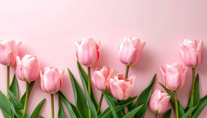 Delicate pink tulips arranged artfully on a pastel pink background.