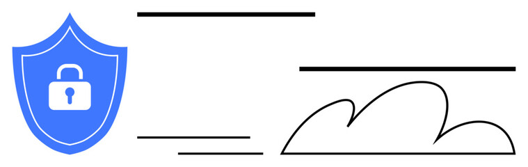 Blue shield with lock next to outlined cloud emphasizes digital security, data protection, and safe cloud storage. Ideal for cybersecurity, privacy, technology, trust, online safety, encryption