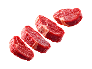 Levitating chunks of raw, diced chuck eye roll, showing off its premium, ribeye-like marbling. A dynamic shot perfect for skewers or diced steak.