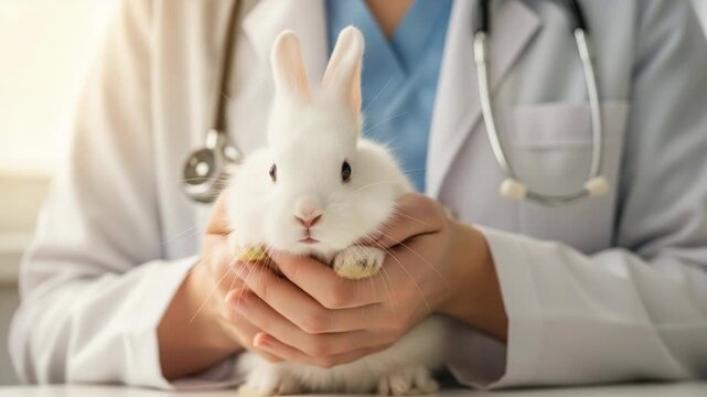 Veterinarian holding a cute rabbit for a health examination in clinic