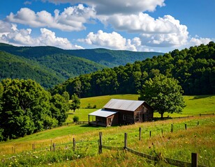 A rustic wooden barn stands serenely amidst a verdant valley, bathed in sunlight.