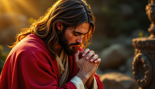 Jes&uacute;s orando contemplativo con manos juntas bajo luz dorada de atardecer. Atm&oacute;sfera c&aacute;lida y serena. Divino y sagrado, conexi&oacute;n espiritual, cristianismo, Pascua y Semana santa.