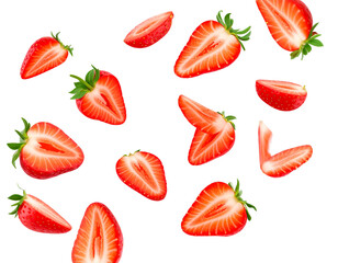 Red sliced strawberries scattered on black background