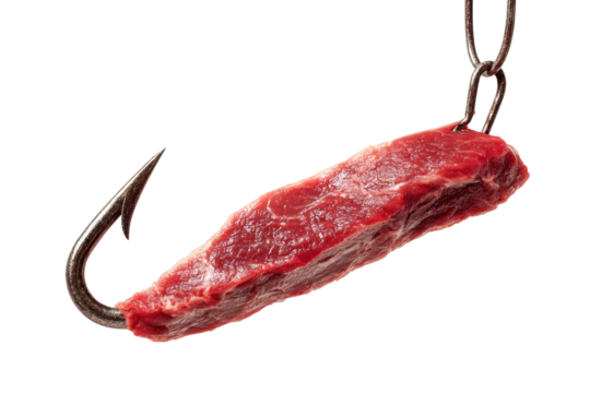 Raw beef slab on meat hook isolated on transparent background