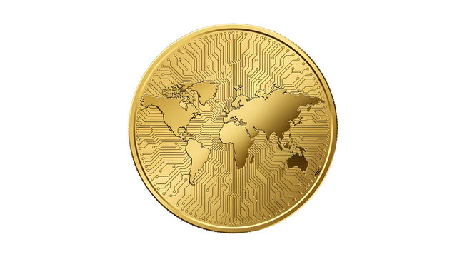 Golden coin with world map and circuit board pattern, isolated on transparent background isolated background