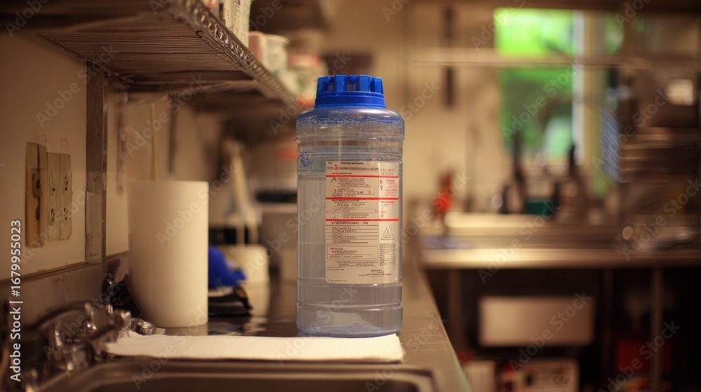 Poster medium shot of a carefully tagged water sampling cooler resting on a counter the labels in sharp foc