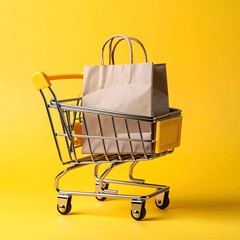 A miniature shopping cart, featuring a paper shopping bag, sits against a vibrant yellow backdrop, showcasing a simple yet impactful retail scene.