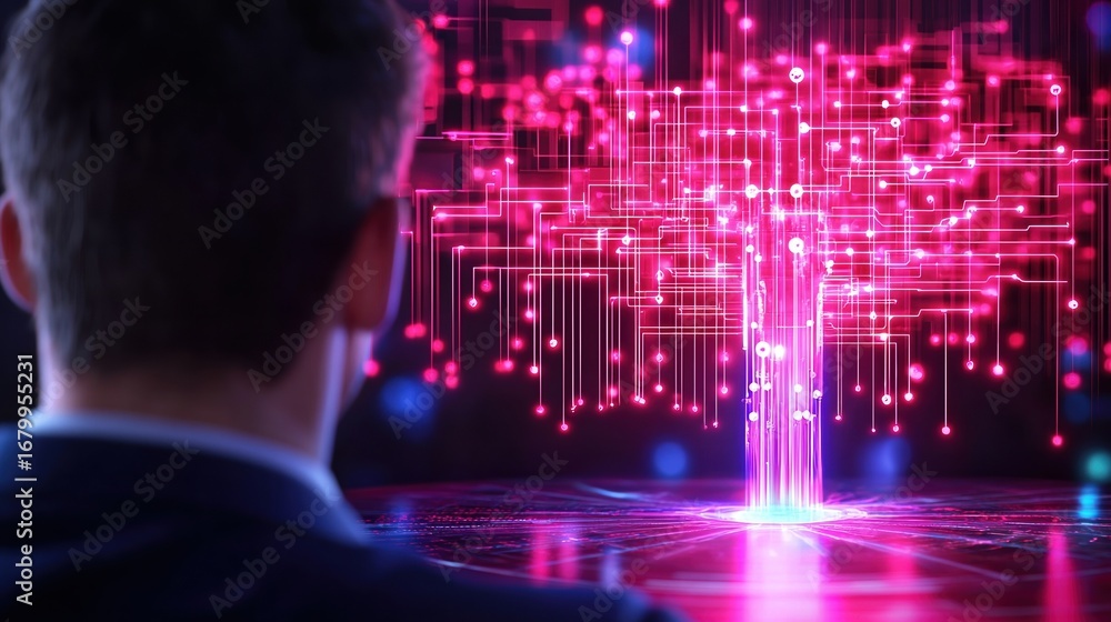 Poster abstract futuristic digital circuit display viewed by business professional in suit on illuminated f