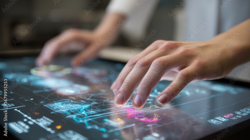 Poster close medium shot of a researchers hands interacting with a touchscreen dashboard showing realtime a