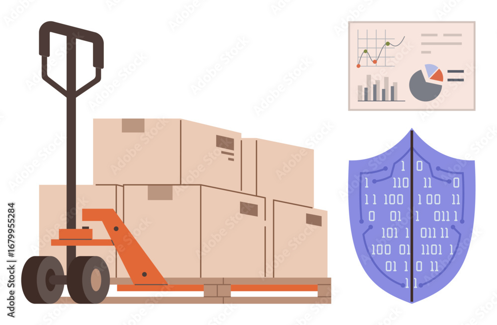 Aufkleber pallet jack transporting boxed cargo, analytic chart with graphs, and shield with binary code. ideal