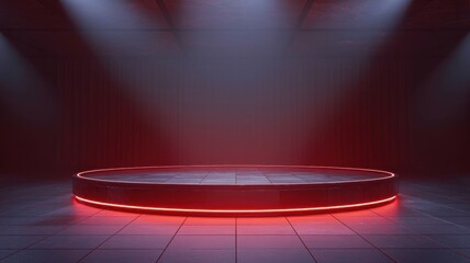 Futuristic podium with neon lights for product display and presentation in a modern and abstract style, creating a scifi technology background