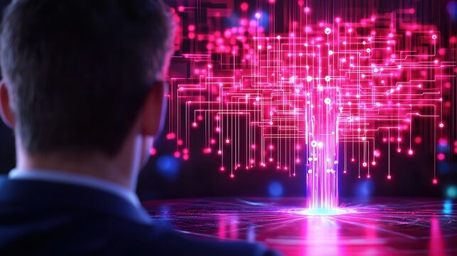 Abstract Futuristic Digital Circuit Display Viewed By Business Professional In Suit On Illuminated Floor. A Technology - Powered by Adobe