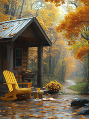Cozy autumn scenery in the distance, with colorful leaves and strong contrasting colors