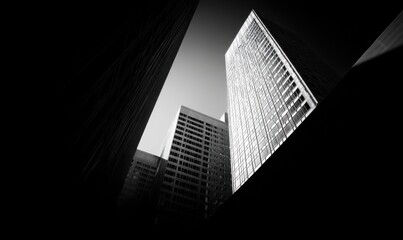 Black and white urban architectural scene.  Looking up at tall buildings