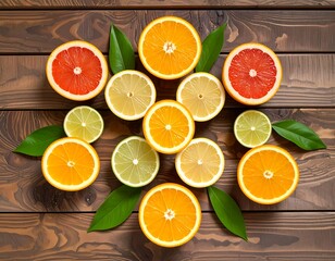 Colorful citrus slices arranged in a symmetrical pattern on a rustic wooden surface, showcasing vibrant hues and fresh, healthy produce.