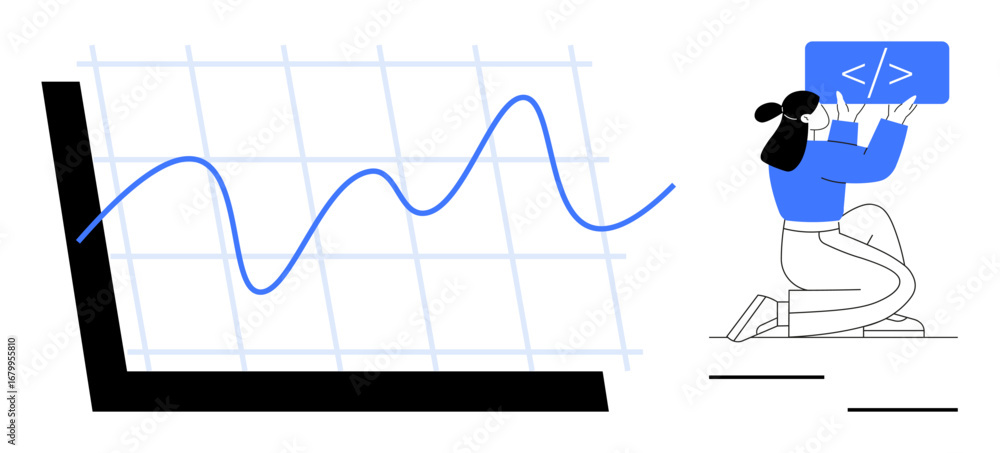 Aufkleber woman interacts with a coding panel, beside a rising graph on a grid, implying analytical and coding