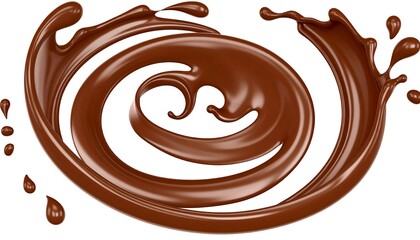 A swirling vortex of rich, dark chocolate, elegantly cascading in a dynamic spiral pattern against a pristine white backdrop.