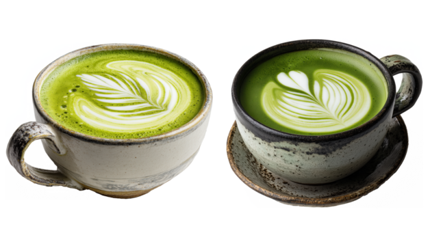 Cups Of Green Tea With Intricate Latte isolated on transparent background