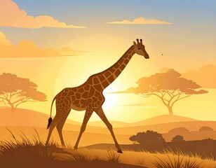 A tranquil African sunset landscape showcases a majestic giraffe gracefully strolling across the golden savanna.