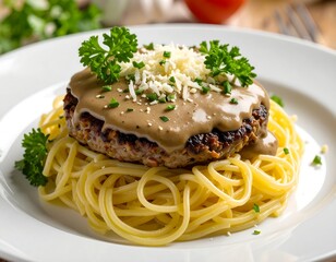 A delicious dish of spaghetti with a savory meat patty topped with a rich brown sauce and garnished with fresh herbs and cheese.