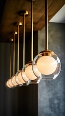 Elegant row of glass sphere pendant lights with brass fixtures illuminating a modern interior space with warm glow