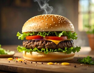 A delicious, freshly made burger sits steaming hot on a wooden surface, featuring a juicy patty, melted cheese, crisp lettuce, and ripe tomato slices, ready to be savored.