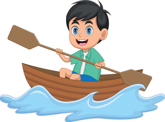 Little boy riding a wooden boat cartoon