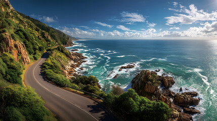 A scenic coastal road winds along a lush, green hillside overlooking the turquoise ocean with crashing waves and rocky cliffs under a bright blue sky.