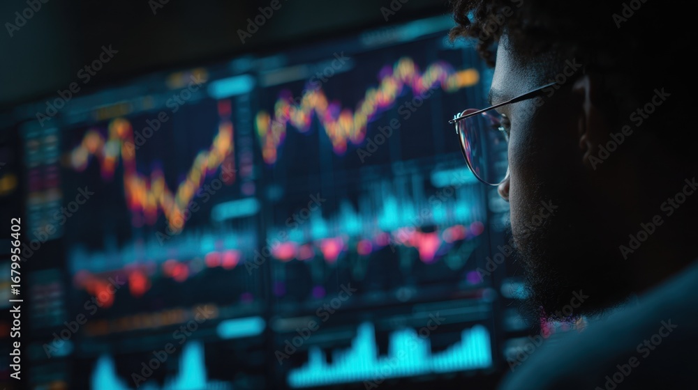 Poster medium shot of an expert analyzing indepth market performance graphs powered by machine learning the