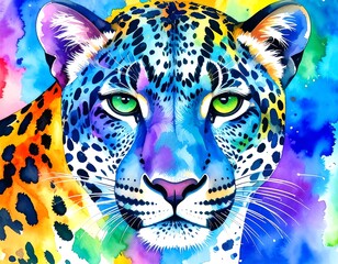 A vibrant, colorful portrait of a leopard, rendered with bold watercolor strokes, showcasing a striking array of blues, purples, and oranges.