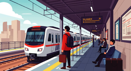 A businessman waits patiently at a modern train station platform, watching a sleek commuter train arrive on a bright, sunny day.