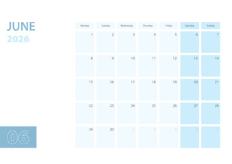 Calendar template for the June 2026, the week starts on Monday. The calendar is in a blue color scheme.