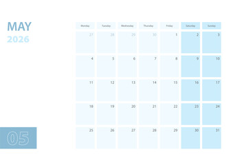 Calendar template for the May 2026, the week starts on Monday. The calendar is in a blue color scheme.