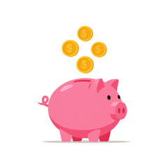 Obraz premium A pink piggy bank receives four gold coins against a white background, symbolizing savings and financial growth.