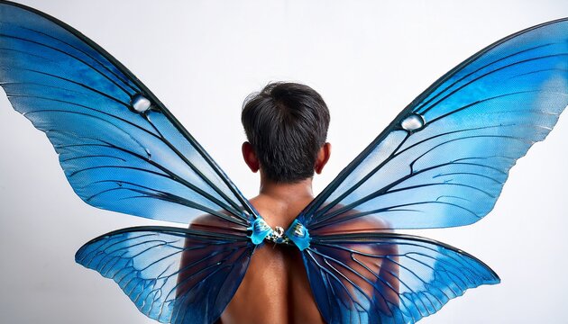 close up photo of the back of a real fairy with large deli on detailed blue fairy wings on white background