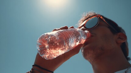 A person drinking a provocative bottle of water in broad daylight with a high temperature