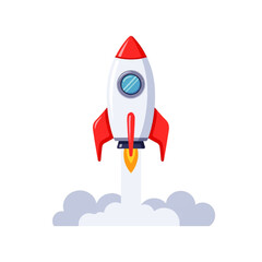 A red and white rocket ship blasts off, leaving a trail of smoke against a white background, symbolizing a dynamic launch and new beginnings.