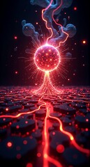 A vibrant red orb emanates energy across a dark, intricate digital landscape. Glowing particles enhance the abstract scene.
