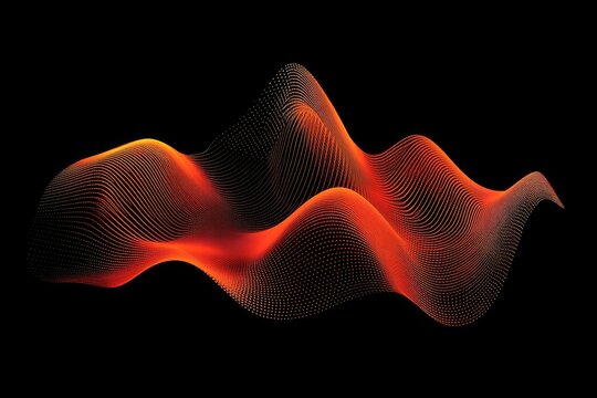 Abstract orange and yellow waveform, composed of fine, interconnected lines against a black background, creating a flowing, three-dimensional effect.