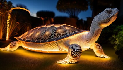 illuminated turtle sculpture in a night garden