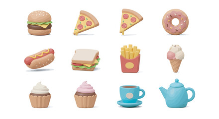 Assorted fast food items arranged neatly on a white surface, showcasing a variety of delicious treats and tempting snacks for a quick meal.