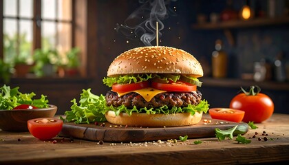 A juicy, gourmet burger sits on a wooden cutting board, complete with fresh toppings and steam rising, showcasing a delectable and appetizing food presentation.