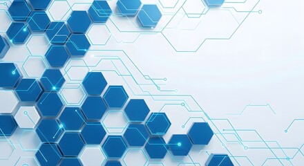 Dynamic abstract background featuring interconnected glowing blue hexagons and integrated circuit lines, symbolizing digital technology, data flow, and advanced network connectivity