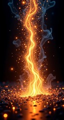 A bright, energetic light stream ascends from a darkened ground, glowing intensely. Sparkles and shimmering smoke add to the mystical effect, creating a vivid contrast. The light and energy create a s