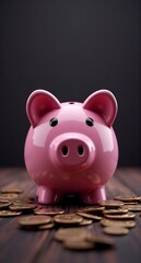 A pink ceramic piggy bank sits atop a pile of coins on a dark wood surface, against a plain black backdrop, emphasizing the concepts of saving and money.