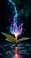 A captivating digital art piece showcases a glowing sprout with liquid elements creating an ethereal bloom, emanating light, surrounded by a reflective surface, with a focus on energy.