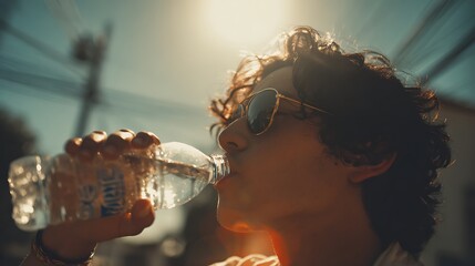 A person drinking a provocative bottle of water in broad daylight with a high temperature