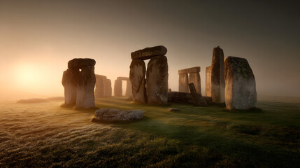 Ancient Stonehenge monument stands shrouded in morning mist, illuminated by soft sunlight.