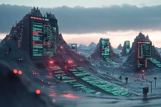 A futuristic, desolate landscape of snow-covered mountains, each housing massive glowing screens displaying lines of code, suggesting a digital, possibly AI-controlled environment.